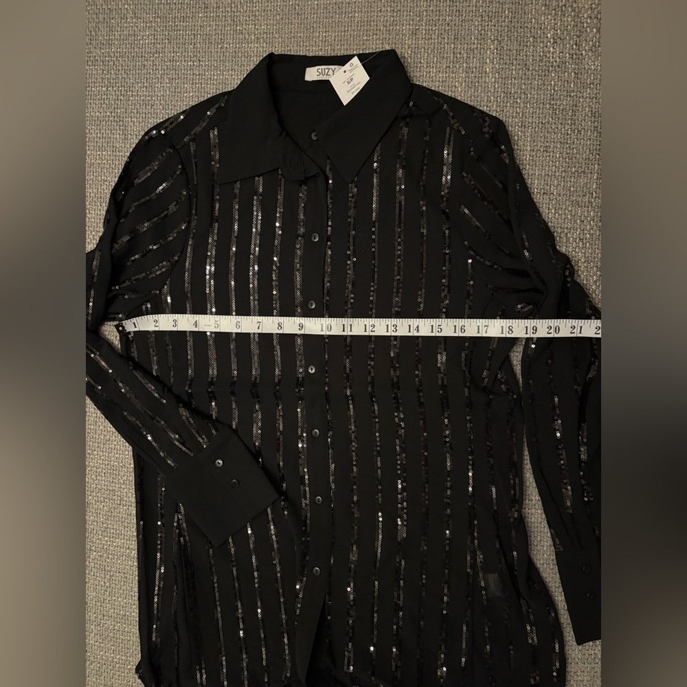 Suzy Shier Black Sheer Sequin Button-Down Dress – Size Small - Picture 8 of 10